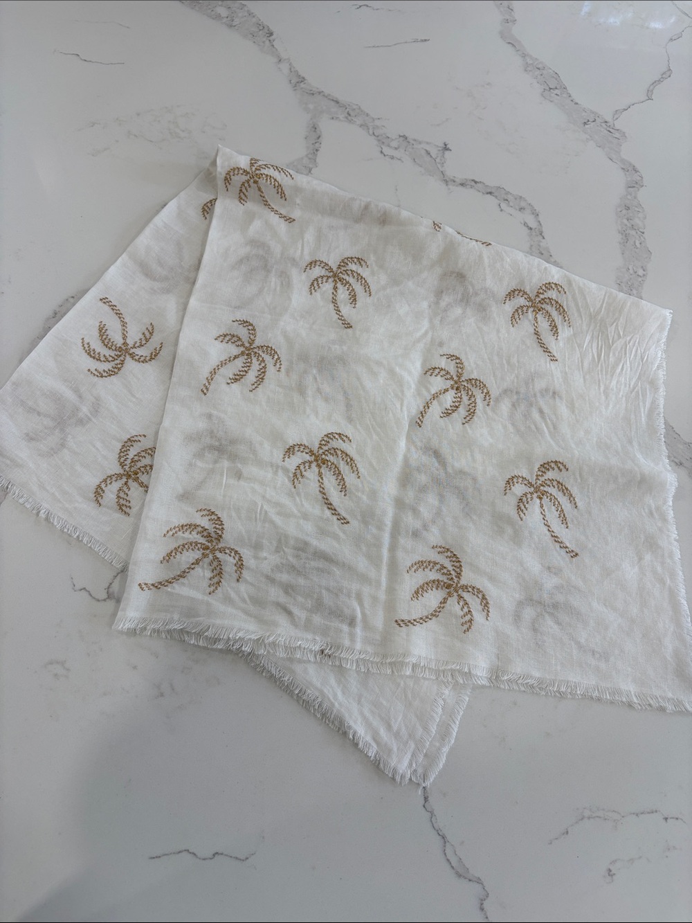 Ann Taylor White Cotton Scarf Shawl with Gold Embroidered Palm Tree Pattern